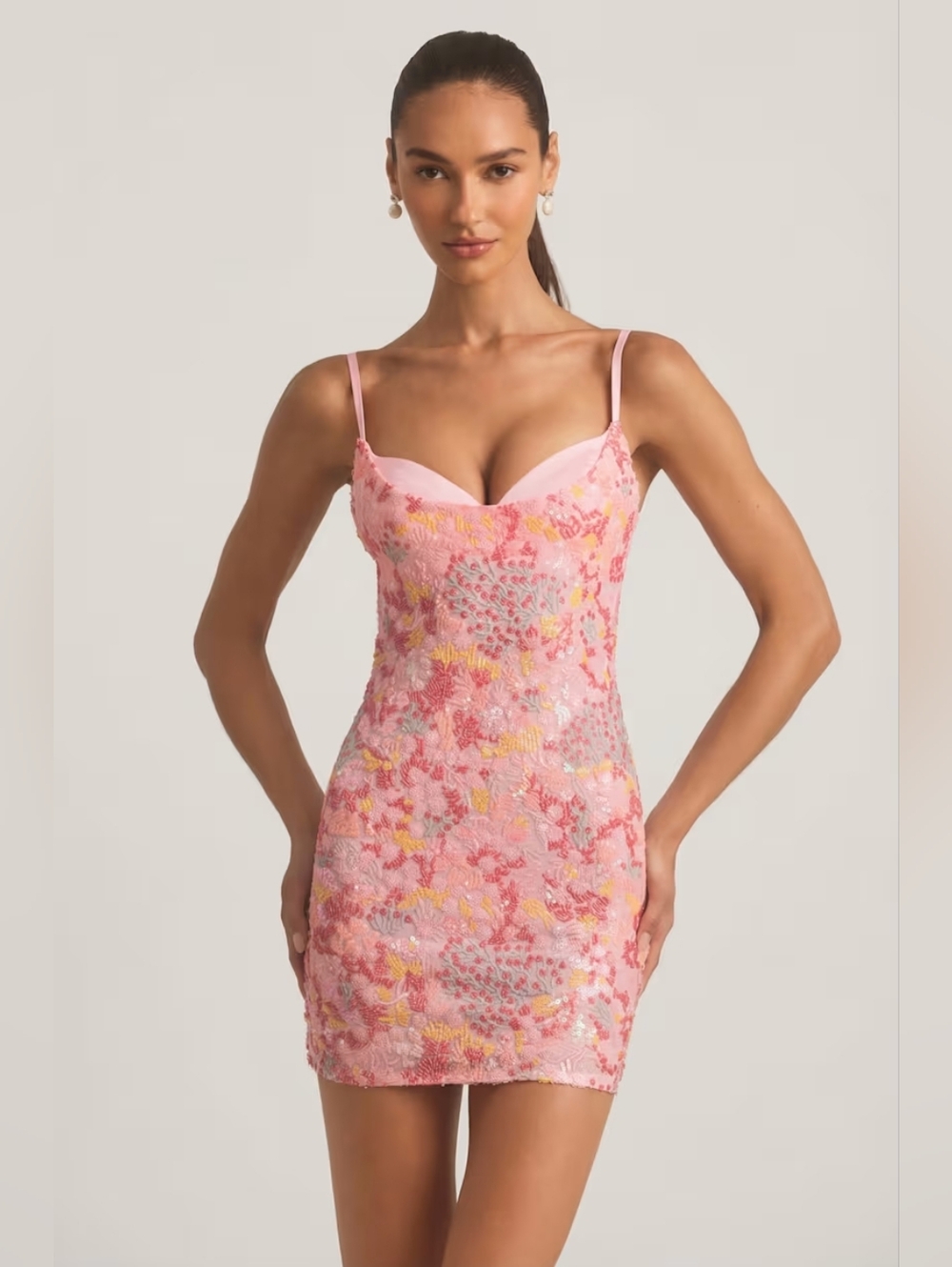 Velena Embellished Camisole Bodycon Mini Dress in Pink